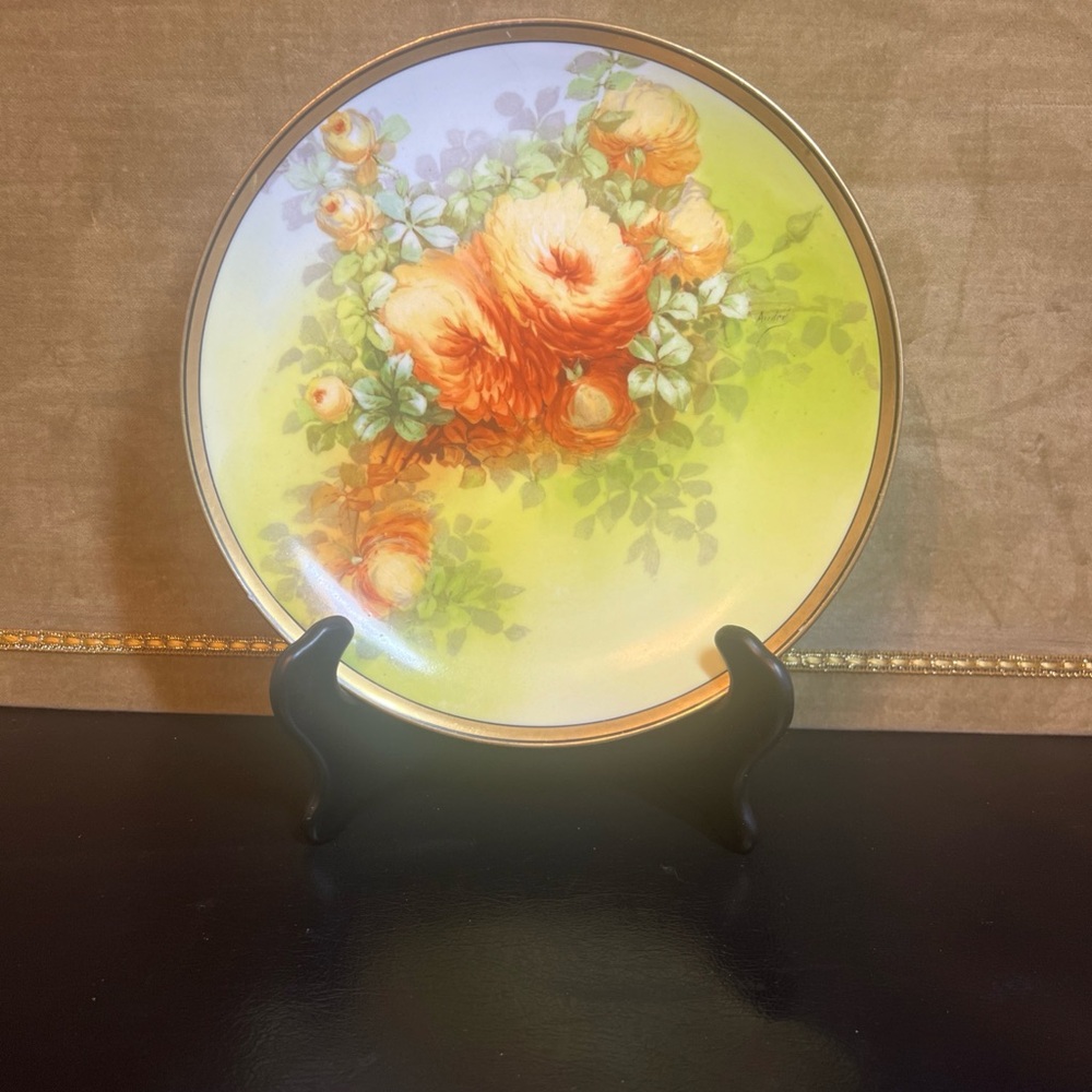 Vintage Limoges Coronet Yellow Roses Gold Paint Rim 8 3/4” Plate France by Andre